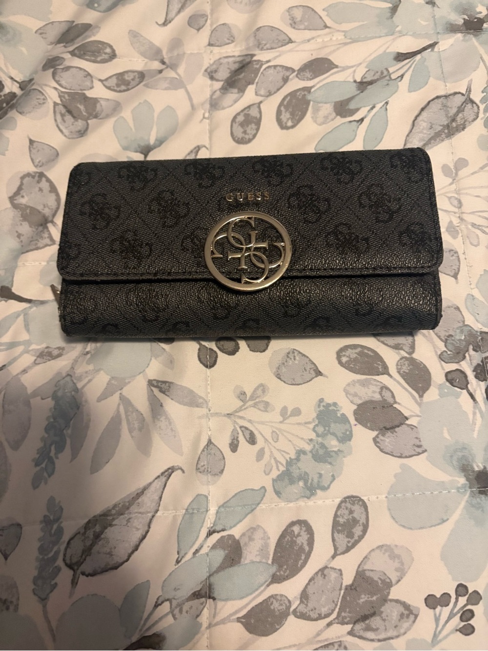 GUESS Black Logo Continental Wallet with Gold Emblem
